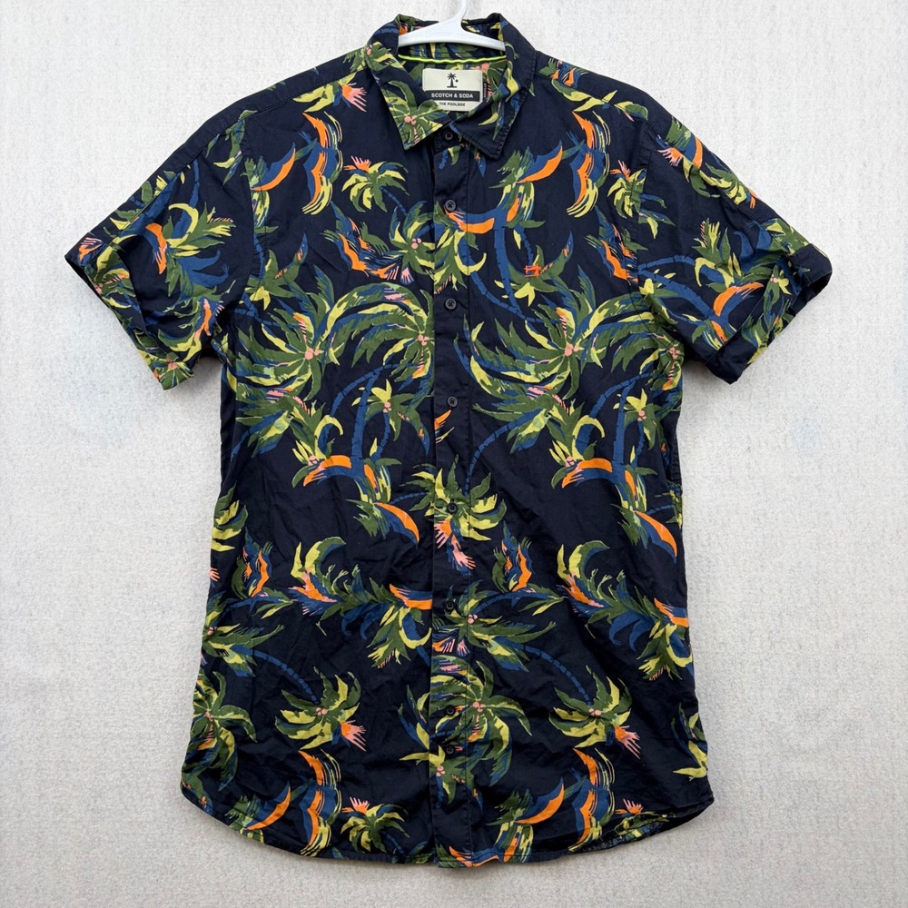 Scotch & Soda The Poolside Mens Small Navy Tropical Palm Tree Button Up Shirt
